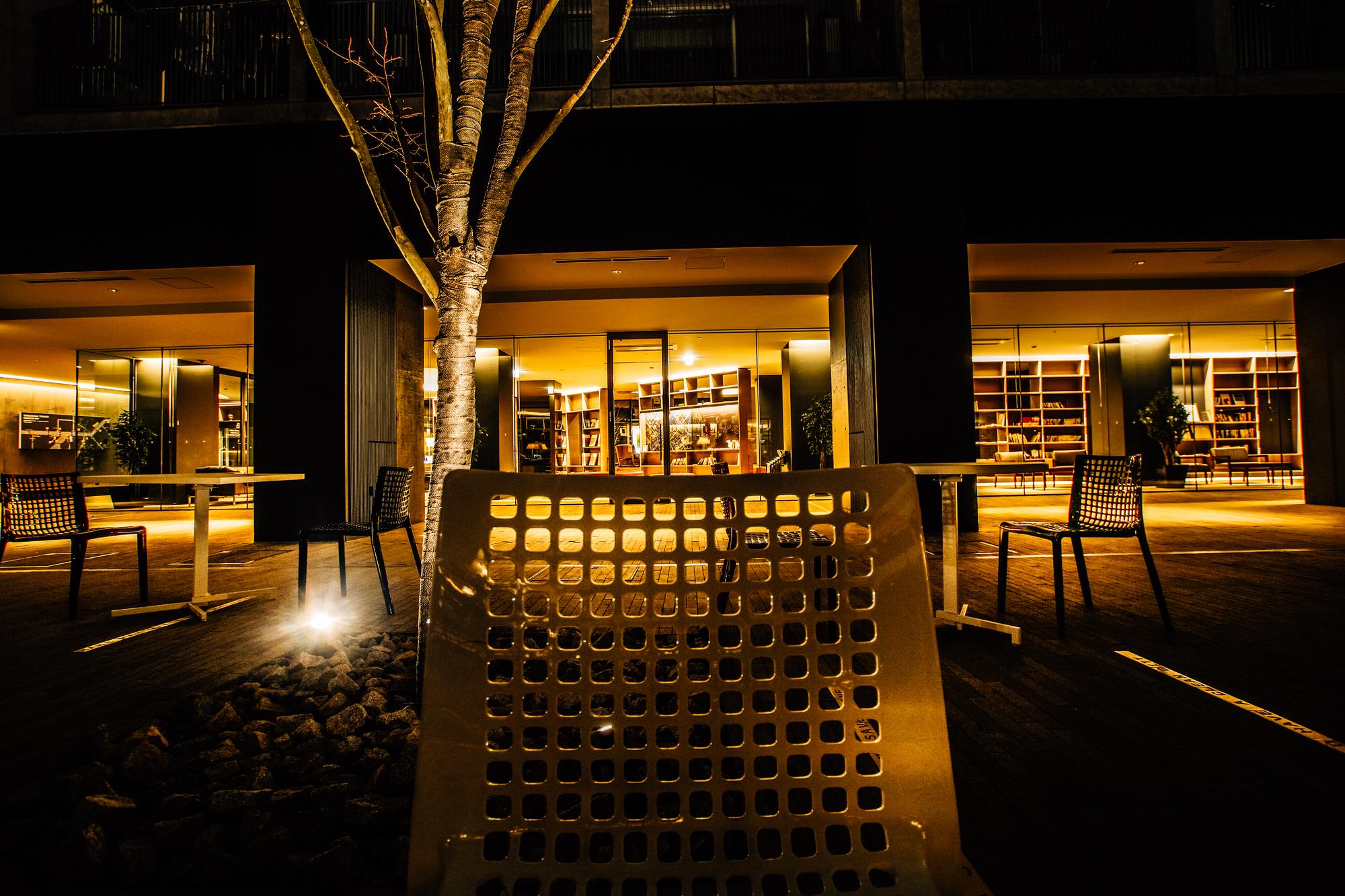 Exterior of culinary studio with warm lights